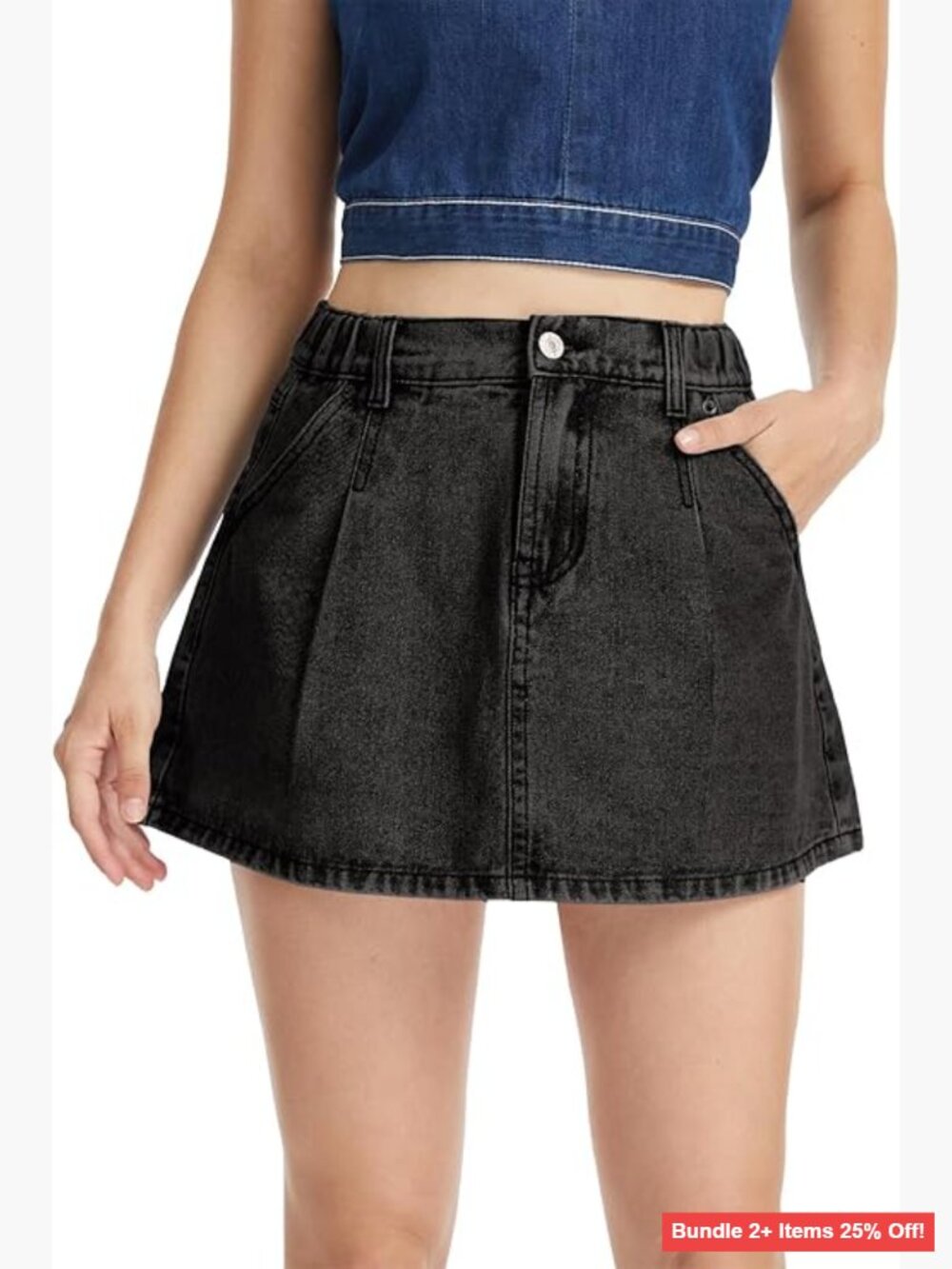 Large Denim Mini Skirt Bodycon Fit Built-in Shorts Four Pockets